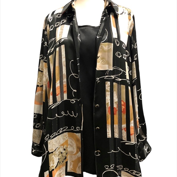 Vtg 90s Antels, Long Button Up Blouse, Black, golds. Sz 14 - Picture 3 of 10